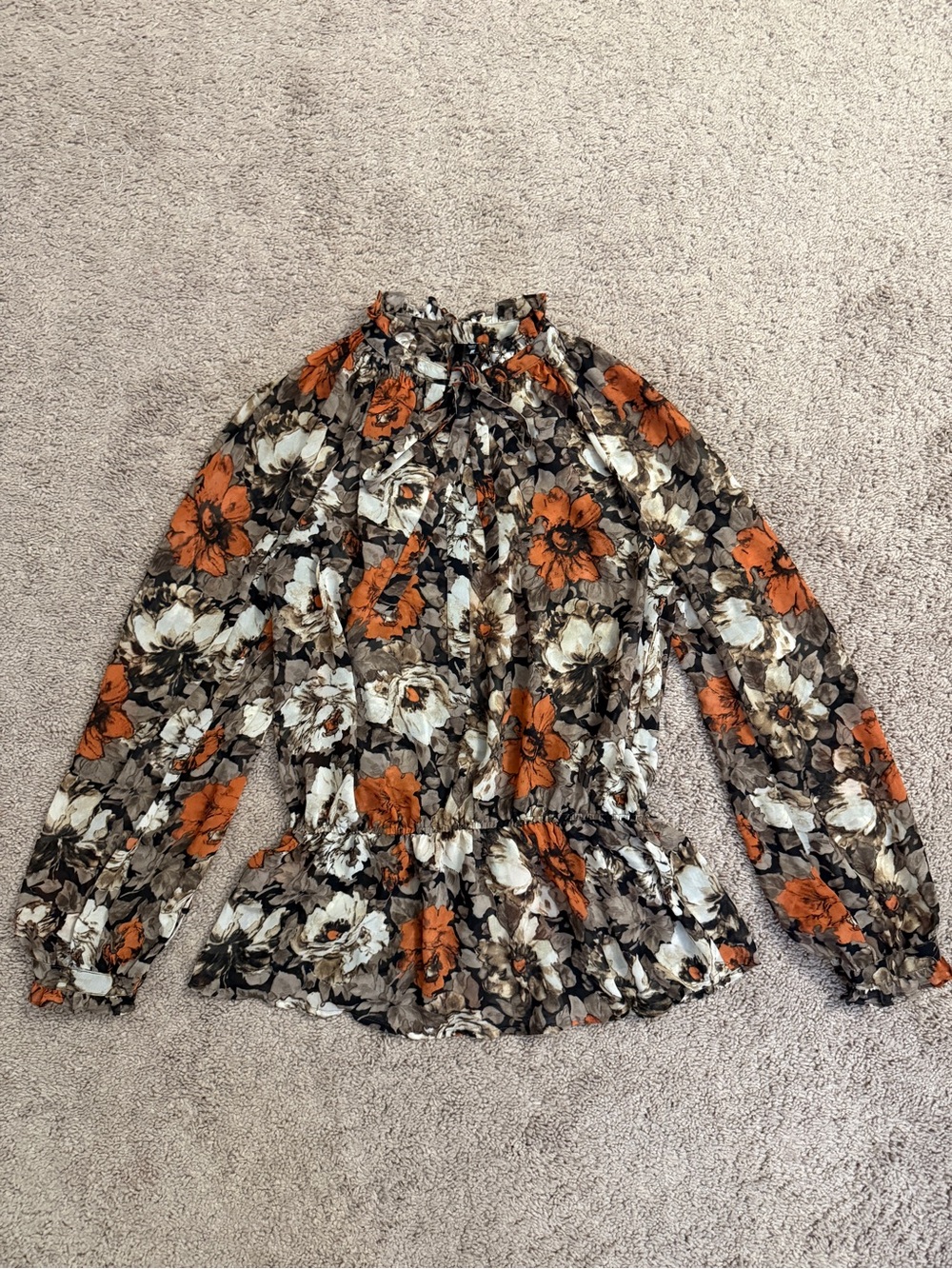 Bellatrix Floral Blouse Women size Medium Orange Puff-Sleeve Peasant Long Sleeve